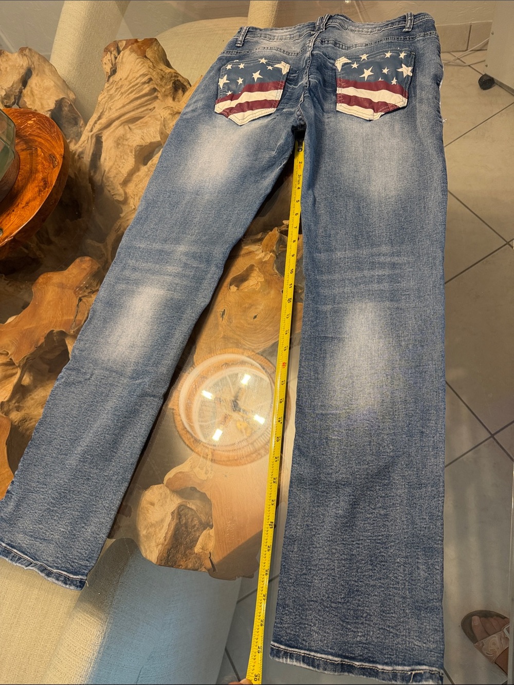 Women's Straight Leg Blue Washed Jeans with Flag-Accent Back Pockets